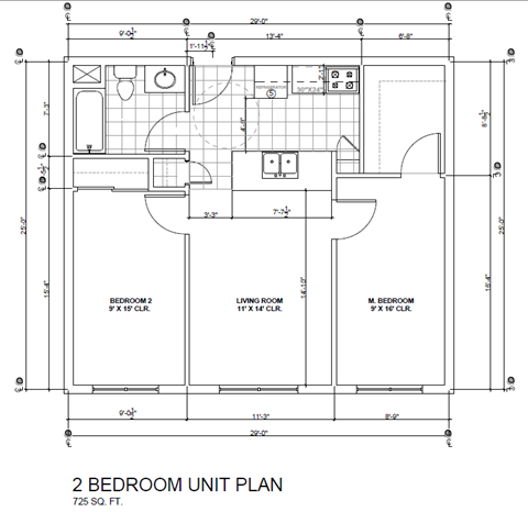 Floor plan for 1 bed, 1 bath, 725 sqft